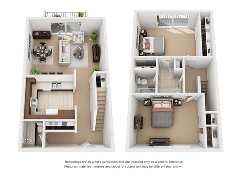 Combined imaging of the 2 Bed 1.5 Bath 2-story Townhome Floor Plan at Encina Meadows Apartments, California, 93117